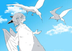 Rule 34 | 1boy, animal, bird, blue background, blue eyes, blue sky, bruise, cloud, dragon boy, dragon horns, dragon tail, dragon wings, fins, head fins, horns, hotathino, injury, looking at animal, male focus, original, robe, short hair, sky, solo, tail, upper body, wings