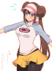 Rule 34 | 1girl, black pantyhose, blue eyes, blush, breasts, brown hair, commentary request, creatures (company), double bun, feet out of frame, game freak, hair bun, heart, long hair, medium breasts, multicolored shirt, nintendo, ooshio7734, outstretched arms, pantyhose, pantyhose under shorts, poke ball print, pokemon, pokemon bw2, raglan sleeves, rosa (pokemon), short shorts, shorts, smile, solo, spread arms, sweatdrop, translation request, very long hair, visor cap, yellow shorts