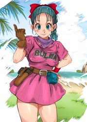 Rule 34 | 1girl, :&gt;, blue eyes, blush, bow, braid, breasts, bulma, closed mouth, cloud, covered erect nipples, day, dragon ball, dragon ball (classic), dress, feet out of frame, female focus, gloves, grass, green hair, gun, hair bow, hand on own hip, hand up, happy, highres, holster, index finger raised, legs, looking at viewer, medium breasts, ocean, outdoors, pink dress, purple scarf, red bow, sakuradou, scarf, single braid, single glove, sky, smile, solo, standing, thighs, water, weapon