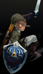 Rule 34 | 1boy, blue eyes, boots, hair between eyes, highres, holding, hylian shield, link, looking at viewer, male focus, master sword, nintendo, pisu 1107, pointy ears, shield, short hair, solo, sword, the legend of zelda, the legend of zelda: breath of the wild, the legend of zelda: twilight princess, weapon