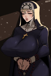 Rule 34 | 1girl, absurdres, alecto 0, beads, black background, blonde hair, breasts, brown background, closed eyes, covered erect nipples, cowboy shot, cross, cross necklace, double (skullgirls), eyelashes, habit, highres, huge breasts, jewelry, lips, necklace, nun, own hands together, parted lips, prayer beads, rosary, skullgirls, solo, wide hips