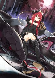 Rule 34 | 1girl, animal, bare shoulders, black dress, boots, claws, collarbone, demon girl, demon horns, dress, gauntlets, giant snake, highres, horn ornament, horns, knee boots, looking at viewer, miruto netsuki, open mouth, original, oversized animal, pointy ears, red eyes, red hair, sitting, solo
