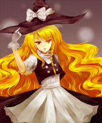 Rule 34 | 1girl, apron, blonde hair, bow, braid, eyeshadow, gloves, hat, hat bow, holding, holding clothes, holding hat, kirisame marisa, lipstick, long hair, makeup, puffy short sleeves, puffy sleeves, shokujin hatefukuchuu, short sleeves, side braid, simple background, solo, touhou, turtleneck, very long hair, vest, waist apron, wavy hair, white gloves, witch hat, yellow eyes