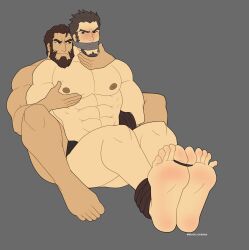 Rule 34 | 2boys, abs, bara, beard, blush, bound, bound feet, brown hair, facial hair, feet, fire emblem, fire emblem: the sacred stones, garcia (fire emblem), gilliam (fire emblem), head on another&#039;s shoulder, highres, large pectorals, male focus, mature male, multiple boys, muscular, muscular male, mutton chops, nintendo, nipples, pectorals, revealyoursins, short hair, smile, soles, stomach, thick eyebrows, thick thighs, thighs, topless male, yaoi