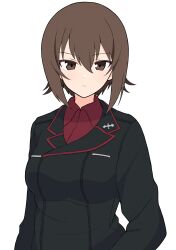 Rule 34 | 1girl, absurdres, black jacket, breasts, brown eyes, brown hair, closed mouth, dress shirt, expressionless, fuminomino, girls und panzer, hair between eyes, highres, insignia, jacket, kuromorimine military uniform, long sleeves, looking at viewer, medium breasts, nishizumi maho, red shirt, shirt, short hair, simple background, solo, translation request, upper body, white background