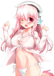Rule 34 | 1girl, alfred, bikini, bikini under clothes, blush, breasts, front-tie top, headphones, high heels, highres, large breasts, long hair, looking at viewer, navel, nitroplus, no pants, one eye closed, open mouth, pink eyes, pink hair, see-through, shiny skin, shirt, shoes, side-tie bikini bottom, solo, super sonico, swimsuit, swimsuit under clothes, white bikini, wink