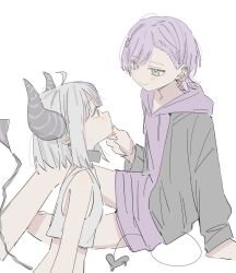 Rule 34 | 2girls, black jacket, closed mouth, collar, crop top, demon tail, ear piercing, eye contact, green eyes, grey hair, hand on another&#039;s chin, highres, hololive, hood, hoodie, jacket, kirome toru 2, la+ darknesss, long sleeves, looking at another, multicolored hair, multiple girls, piercing, pointy ears, purple hair, purple hoodie, shirt, short hair, simple background, sitting, sleeveless, sleeveless shirt, smile, streaked hair, tail, tokoyami towa, white background, white shirt, yuri