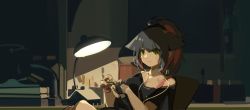 Rule 34 | 1girl, animal ears, arknights, black gloves, black hair, black shirt, cat ears, cat girl, closed mouth, colored inner hair, commentary, dark room, desk, desk lamp, earbuds, earphones, english commentary, fingerless gloves, gloves, green eyes, highres, indoors, jessica (arknights), lamp, long hair, looking at viewer, multicolored hair, night, ponytail, red hair, shinnasuka025, shirt, single glove, sitting, smile, solo, upper body