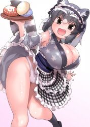 Rule 34 | animal ears, apron, black hair, bow, breasts, cameltoe, cleavage, cleft of venus, common raccoon (kemono friends), fang, food, grey hair, highres, huge breasts, japanese clothes, japari bun, kemono friends, kimono, multicolored hair, open mouth, panties, raccoon ears, raccoon tail, ras (ras33635191), short hair, sleeveless, sleeveless kimono, smile, tail, underwear, white panties