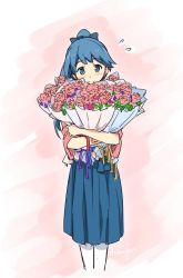Rule 34 | 10s, 1girl, blue eyes, blue hair, blue hakama, bouquet, bow, carnation, commentary request, flower, flying sweatdrops, hair bow, hakama, hakama skirt, houshou (kancolle), japanese clothes, kantai collection, matching hair/eyes, mother&#039;s day, pantyhose, ponytail, sakimiya (inschool), skirt, smile, solo