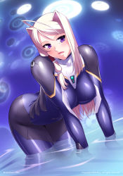 Rule 34 | 00s, 1girl, ahoge, all fours, ass, bent over, black lilith, blonde hair, bodysuit, breasts, covered erect nipples, hair intakes, iris rebel, large breasts, long hair, looking at viewer, open mouth, purple eyes, side ponytail, solo, soukou kijo iris, water, zol