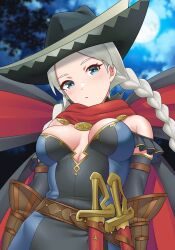 Rule 34 | 1girl, absurdres, ahoge, alternate costume, bare shoulders, blue eyes, braid, breasts, cleavage, closed mouth, cloud, cloudy sky, commission, commissioner upload, facing viewer, fire emblem, fire emblem fates, full moon, grey hair, hat, highres, igni tion, knife, long hair, looking at viewer, low twin braids, medium breasts, moon, night, night sky, nina (fire emblem), nintendo, official alternate costume, outdoors, parted bangs, sky, solo, tricorne, twin braids, upper body