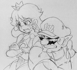 Rule 34 | 1boy, 1girl, angry, annoyed, crossed arms, crown, dress, earrings, facial hair, fat, fat man, flower earrings, gem, hat, highres, jewelry, mario (series), mustache, nintendo, open mouth, plumber, princess daisy, standing, super mario land, super mario land 2, sweat, wario
