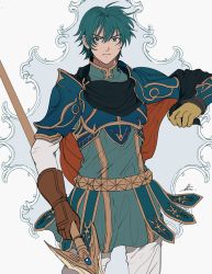 Rule 34 | 1boy, armor, blue eyes, breastplate, cape, ephraim (fire emblem), fire emblem, fire emblem: the sacred stones, fire emblem heroes, gloves, green hair, highres, holding, holding spear, holding weapon, ichiyou (kazuha1003), looking at viewer, male focus, nintendo, pauldrons, polearm, shoulder armor, simple background, solo, spear, weapon