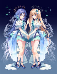 Rule 34 | 2girls, black background, blue flower, blue footwear, blue hair, blush, brown hair, closed mouth, dress, floral background, flower, gradient background, grey background, hair between eyes, hair flower, hair ornament, halo, hand up, high heels, highres, holding hands, interlocked fingers, long hair, low twintails, multiple girls, original, puffy short sleeves, puffy sleeves, purple eyes, shoes, short sleeves, sparkle, standing, suimya, twintails, very long hair, white dress