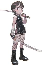 Rule 34 | 1girl, ahoge, bandaged wrist, bandages, black footwear, black gloves, boots, combat boots, corset, dual wielding, female focus, fingerless gloves, fishnet thighhighs, fishnets, full body, gloves, hair ornament, hairclip, highres, holding, katana, leather, opossumachine, original, scar, simple background, sleeveless, solo, standing, suggestive fluid, sword, thighhighs, weapon, white background, wide-eyed