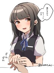 Rule 34 | 1girl, 1other, black vest, brown eyes, collared shirt, dress shirt, hayashio (kancolle), highres, holding hands, kantai collection, long hair, looking at viewer, mole, mole under eye, school uniform, shirasumato, shirt, simple background, smile, swept bangs, translation request, twitter username, upper body, vest, white background, white shirt