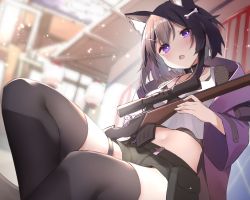Rule 34 | 1girl, animal ears, black thighhighs, blush, bone hair ornament, brown hair, building, cat ears, cat tail, commission, cotton kanzaki, dutch angle, gun, hair ornament, hairclip, highres, holding, holding gun, holding weapon, jacket, midriff, navel, open mouth, original, purple eyes, purple jacket, rifle, short hair, short shorts, shorts, skeb commission, sniper rifle, solo, tail, thigh strap, thighhighs, weapon, wide sleeves