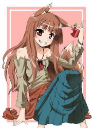 Rule 34 | 00s, 1girl, animal ears, apple, bare shoulders, brown hair, food, fruit, holding, holding food, holding fruit, holo, long hair, red eyes, solo, spice and wolf, tsukino kitsune, wolf ears