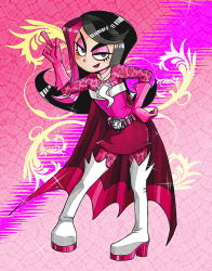Rule 34 | 1boy, belt, black eyes, black hair, blush, boots, cape, crossdressing, eyeshadow, gloves, guy hamdon, hand on own hip, high heels, leopard print, long hair, makeup, mole, multicolored hair, open mouth, pink hair, platform footwear, pointing, shezow, shezow (character), shoes, skirt, smile, superhero costume, thigh boots, thighhighs, traditional media, trap, zel (artist)
