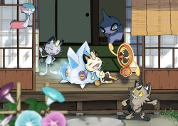 Rule 34 | alolan form, alolan meowth, animal focus, bergmite, blurry, blurry foreground, brown fur, cat, chimecho, closed eyes, coin, colored sclera, commentary request, creatures (company), door, doorway, flower, galarian form, galarian meowth, game freak, gen 1 pokemon, gen 3 pokemon, gen 4 pokemon, gen 6 pokemon, gen 7 pokemon, gen 8 pokemon, ghost, grass, highres, ice, meowth, nintendo, no humans, open mouth, pokemon, pokemon (creature), purple sclera, q-chan, rotom, rotom (fan), sharp teeth, shuppet, tail, teeth, whiskers, yellow eyes