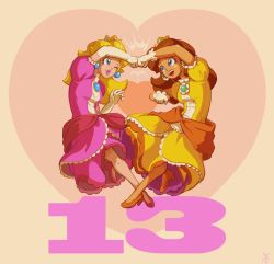 Rule 34 | 2girls, blonde hair, blue eyes, brown hair, commentary, crown, dress, earrings, elbow gloves, english commentary, fist bump, friends, full body, gloves, gown, happy, heart, heart background, high heels, jewelry, joakim sandberg, legs, lipstick, long hair, makeup, mario (series), multiple girls, nintendo, one eye closed, pink dress, princess daisy, princess peach, puckered lips, super mario land, super princess peach, super smash bros., tan, tomboy, white gloves, yellow dress
