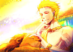 Rule 34 | 1boy, animal, aonome, blonde hair, earrings, fate/stay night, fate/zero, fate (series), gilgamesh (fate), gradient background, jewelry, lion, male focus, official alternate costume, red eyes, solo, toga