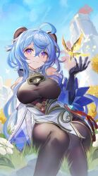 Rule 34 | 1girl, ahoge, arm support, blue hair, bodysuit, breasts, commentary request, day, elbow gloves, feet out of frame, flower, ganyu (genshin impact), genshin impact, gloves, grass, hair between eyes, highres, horns, kawachi rin, large breasts, long hair, looking at viewer, outdoors, purple eyes, sitting, smile, solo, very long hair