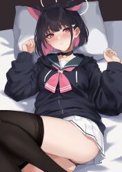 Rule 34 | 1girl, animal ears, ass, bed sheet, black choker, black hair, black jacket, black pantyhose, blue archive, blush, bob cut, choker, closed mouth, colored inner animal ears, colored inner hair, dera self, extra ears, green sailor collar, hair ornament, hairclip, halo, head on pillow, highres, hood, hood down, hooded jacket, jacket, kazusa (blue archive), long sleeves, looking at viewer, lying, multicolored hair, neckerchief, on back, on bed, pantyhose, pantyhose around legs, pink eyes, pink hair, pink halo, pink neckerchief, pleated skirt, puffy long sleeves, puffy sleeves, sailor collar, short hair, skirt, solo, white skirt