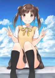 Rule 34 | 1girl, bashosho, black socks, blue sky, blush, breasts, brown eyes, brown hair, cloud, collared shirt, commentary, day, double bun, dress shirt, feet out of frame, fingernails, grey skirt, grin, hair bun, highres, horizon, idolmaster, idolmaster shiny colors, kneehighs, long hair, looking at viewer, neck ribbon, no shoes, ocean, outdoors, panties, plaid, plaid skirt, pleated skirt, ribbon, shirt, side bun, sidelocks, sitting, skirt, sky, small breasts, smile, socks, solo, sonoda chiyoko, sweater vest, twintails, underwear, white panties, white shirt, yellow ribbon