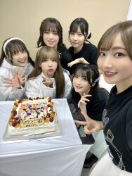 Rule 34 | 6+girls, aoyama nagisa, cake, emori aya, food, indoors, looking at viewer, misaki nako, multiple girls, payton naomi, photo (medium), selfie, simple background, smile, standing, yuina