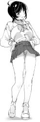 Rule 34 | 1girl, absurdres, ahoge, bare legs, blush, bow, closed mouth, eyelashes, greyscale, highres, long eyelashes, looking at viewer, monochrome, nakani, original, panties, school uniform, short hair, simple background, sketch, skirt, smile, solo, underwear, white background