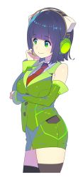 Rule 34 | 1girl, :d, absurdres, animal ear headphones, animal ears, bare shoulders, black thighhighs, blunt bangs, breasts, cat ear headphones, closed mouth, collared shirt, contrapposto, copyright request, detached sleeves, enkyo yuuichirou, fake animal ears, green eyes, green jacket, green skirt, headphones, highres, jacket, large breasts, long scarf, looking away, microphone, multiple views, necktie, open mouth, pencil skirt, purple hair, red neckwear, scarf, shirt, short hair, simple background, skirt, sleeveless, sleeveless jacket, sleeveless shirt, smile, standing, sweatdrop, thighhighs, white background, white shirt, wing collar, zettai ryouiki