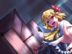 Rule 34 | 1girl, ascot, blonde hair, building, dress shirt, female focus, foreshortening, from above, hair ribbon, huntertakumi, looking at viewer, night, open hands, open mouth, outstretched arms, path, pov, red eyes, ribbon, road, rumia, shirt, shoes, short hair, solo, touhou, vest
