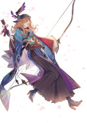 Rule 34 | 1girl, arrow (projectile), black hat, black skirt, boots, bow, brown hair, granblue fantasy, green eyes, hat, highres, holding, holding weapon, japanese clothes, kimono, long sleeves, peki gbf, petals, skirt, smile, solo, tweyen (granblue fantasy), tweyen (twilight ties kimono) (granblue fantasy), weapon, white background, winged hat