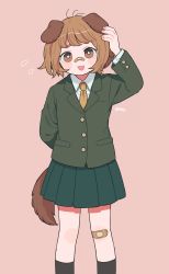 Rule 34 | 1girl, animal ears, arm behind back, bad id, bad pixiv id, bandaid, bandaid on face, bandaid on knee, bandaid on leg, bandaid on nose, black legwear, blush, brown eyes, brown hair, cowboy shot, dog, dog ears, dog girl, dog tail, emma (kumaema), hand to head, highres, jacket, looking at viewer, necktie, original, pink background, pocket, short hair, simple background, skirt, solo, tail, tongue, yellow necktie