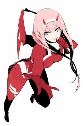 Rule 34 | 1girl, blue eyes, bodysuit, breasts, closed mouth, commentary, darling in the franxx, eyeshadow, full body, gloves, hairband, highres, horns, long hair, looking at viewer, makeup, medium bangs, medium breasts, pink hair, red bodysuit, red eyeshadow, red gloves, red horns, sidelocks, simple background, small horns, solo, tugmix, white background, white hairband, wiping mouth, zero two (darling in the franxx)