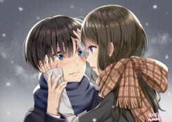 Rule 34 | 1boy, 1girl, artist name, black jacket, blue eyes, blue scarf, blush, brown hair, brown scarf, commentary request, eye contact, fingernails, fringe trim, grey sweater, hair between eyes, hakuda tofu, hands on another&#039;s face, jacket, layered sleeves, long hair, long sleeves, looking at another, original, plaid, plaid scarf, profile, purple eyes, scarf, short over long sleeves, short sleeves, signature, sleeves past wrists, snowing, sweater, upper body, winter
