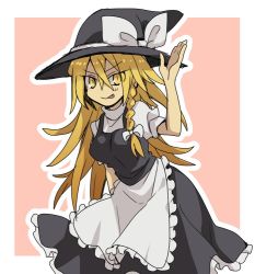 Rule 34 | 1girl, :p, apron, black hat, black skirt, black vest, blonde hair, bow, braid, breasts, closed mouth, commentary request, cowboy shot, frilled apron, frilled skirt, frills, hair between eyes, hair bow, hat, hat bow, kirisame marisa, long hair, looking at viewer, medium breasts, nahori (hotbeans), pink background, puffy short sleeves, puffy sleeves, shirt, short sleeves, single braid, skirt, skirt set, smile, solo, tongue, tongue out, touhou, turtleneck, two-tone background, very long hair, vest, waist apron, white apron, white background, white bow, white shirt, witch hat, yellow eyes