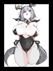 Rule 34 | :o, black bow, black leotard, blush, bow, breasts, collarbone, covered navel, detached collar, fate/grand order, fate (series), grey hair, groin, highres, horns, huge breasts, jeanne d&#039;arc alter (fate), leotard, nontraditional playboy bunny, pale skin, ri o ne su, short hair, simple background, skindentation, tail, thigh gap, white background, wide hips, wings, yellow eyes
