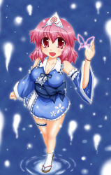 Rule 34 | 1girl, alternate costume, bare shoulders, blush, breasts, cleavage, detached sleeves, female focus, japanese clothes, large breasts, looking at viewer, open mouth, pink eyes, pink hair, ribbon, saigyouji yuyuko, sebasu, short hair, simple background, smile, solo, tabi, touhou, triangular headpiece