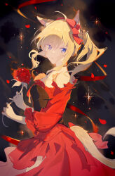 Rule 34 | 1girl, absurdres, ahoge, animal ear fluff, animal ears, bare shoulders, black choker, blonde hair, bow, braid, breasts, choker, commentary request, commission, dress, final fantasy, final fantasy xiv, flower, hair bow, hair flower, hair ornament, highres, holding, holding flower, long hair, long sleeves, medium breasts, parted lips, petals, pixiv commission, puffy long sleeves, puffy sleeves, qianqianjie, red bow, red dress, red flower, solo, tail, twintails