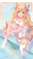 Rule 34 | 1girl, bare shoulders, blonde hair, blush, breasts, casual, celine (fire emblem), commentary, dress, fire emblem, fire emblem engage, gbbgb321, green eyes, hair between eyes, hair ornament, highres, jewelry, long hair, looking at viewer, necklace, nintendo, official alternate costume, open mouth, partially submerged, removing legwear, sitting, small breasts, smile, solo, thighhighs, very long hair, water, white dress, white thighhighs