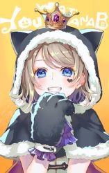 Rule 34 | 1girl, animal hands, animal hood, ao+beni, black capelet, blue eyes, blush, capelet, cat hood, character name, commentary request, crown, dated, facial mark, frilled gloves, frills, fur-trimmed capelet, fur trim, gloves, grey hair, grin, halloween costume, heart, hood, hood up, hooded capelet, looking at viewer, love live!, love live! school idol festival, love live! sunshine!!, orange background, paw gloves, short hair, signature, smile, solo, swept bangs, upper body, watanabe you