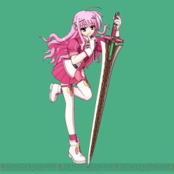 1girl ahoge female_focus full_body kyrie_florian lyrical_nanoha mahou_shoujo_lyrical_nanoha mahou_shoujo_lyrical_nanoha_a&#039;s mahou_shoujo_lyrical_nanoha_a&#039;s_portable:_the_gears_of_destiny miniskirt official_art pink_hair skirt solo sword thighhighs weapon