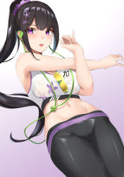 Rule 34 | 1girl, absurdres, bare arms, bare shoulders, black hair, black pants, blue archive, blush, breasts, commentary request, gradient background, hair ornament, hair scrunchie, haneramu, highres, leggings, long hair, looking at viewer, medium breasts, midriff, navel, open mouth, pants, ponytail, purple background, purple eyes, purple scrunchie, scrunchie, solo, sports bra, stomach, stretching, sumire (blue archive), very long hair, white background