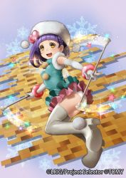 Rule 34 | 10s, 1girl, :d, aya (wixoss), boots, brown eyes, elbow gloves, gloves, hat, hat ornament, heart, i-la, knee boots, looking at viewer, lostorage wixoss, motion lines, official art, open mouth, pom pom (clothes), purple hair, smile, snowflakes, solo, wand, watermark, white footwear, white gloves, white hat, wixoss