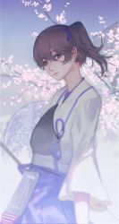Rule 34 | 10s, 1girl, absurdres, alternate breast size, bad id, bad pixiv id, blurry, branch, breasts, brown eyes, brown hair, cherry blossoms, depth of field, earrings, eyelashes, from side, hakama, hakama short skirt, hakama skirt, highres, hoshimawa, japanese clothes, jewelry, kaga (kancolle), kantai collection, lips, long hair, long sleeves, looking at viewer, looking to the side, muneate, outdoors, side ponytail, skirt, small breasts, solo, stud earrings, tasuki, upper body