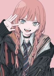 1girl baggy_clothes blue_coat blue_necktie braid brown_jacket coat fangs haku_geroda jacket long_hair long_sleeves looking_at_viewer low_twin_braids mole mole_under_eye necktie open_mouth original pink_background pink_hair school_uniform shirt sleeves_past_wrists smile solo teeth twin_braids white_shirt