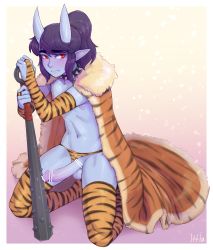 Rule 34 | 1boy, absurdres, animal print, artist name, bar censor, blue skin, bridal gauntlets, cape, censored, clothing aside, club, club (weapon), collar, colored skin, elbow gloves, erection, full body, fur-trimmed cape, fur trim, gloves, highres, horns, ittla, kanabou, kneeling, kyou (ittla), long hair, looking at viewer, male focus, navel, oni, oni horns, original, panties, panties aside, penis, penis out, pointy ears, ponytail, print gloves, print panties, print thighhighs, purple hair, red eyes, setsubun, solo, spiked collar, spikes, testicles, thick eyebrows, thighhighs, tiger print, trap, underwear, weapon